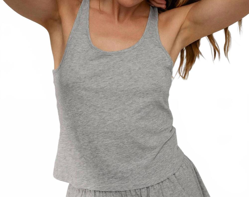 NEW LUNYA women's organic pima curved hem tank top in storm grey heather